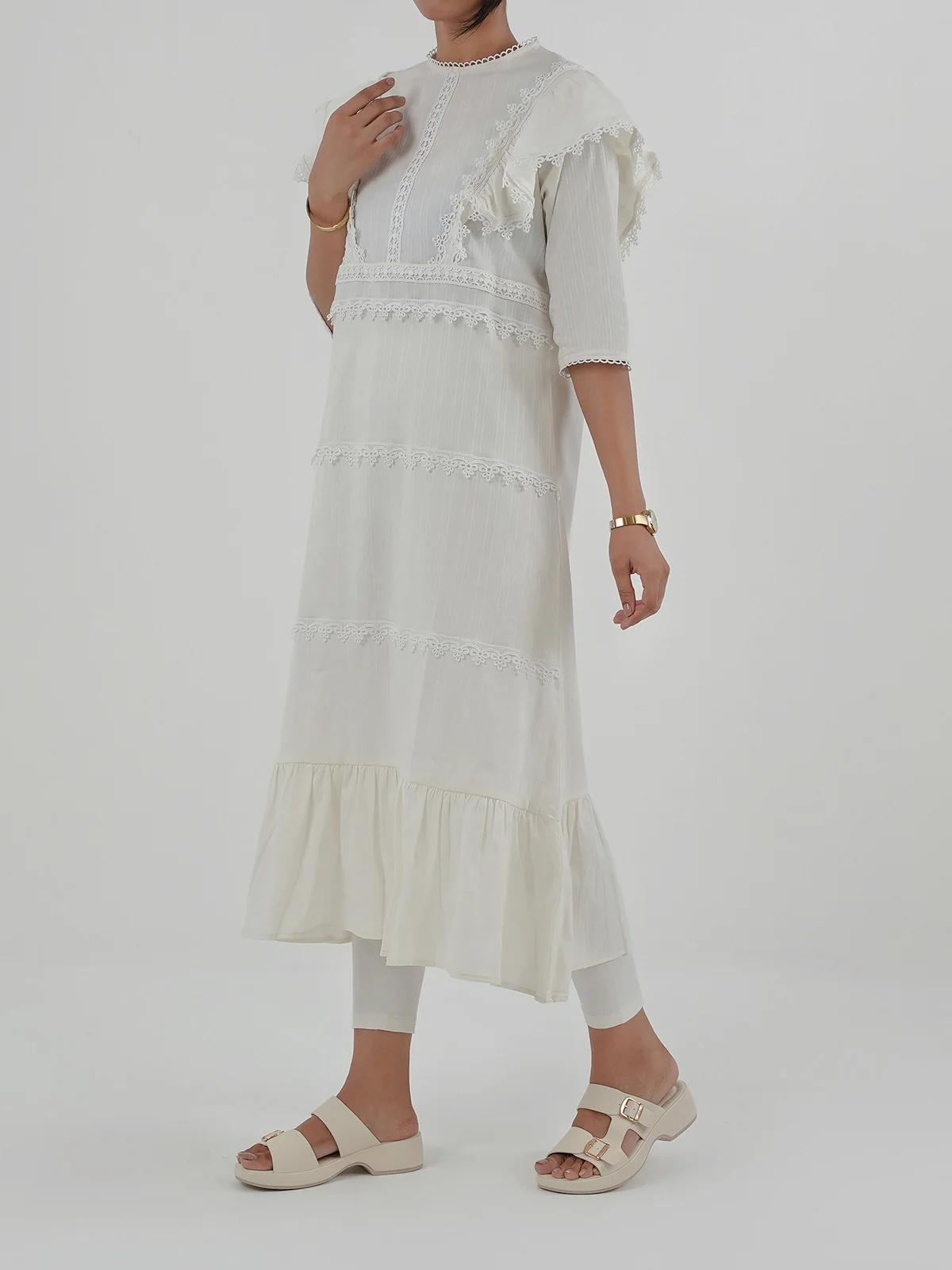 "HIDEO" Textured Regular Fit Cotton Dress - Image 3