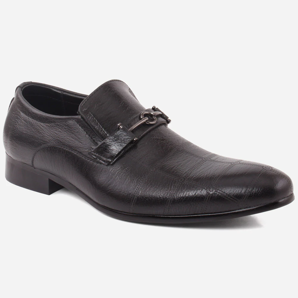 Men “NED” Round Toe Textured Check Design Metallic Buckle Detail Slip On Leather Formal Shoes