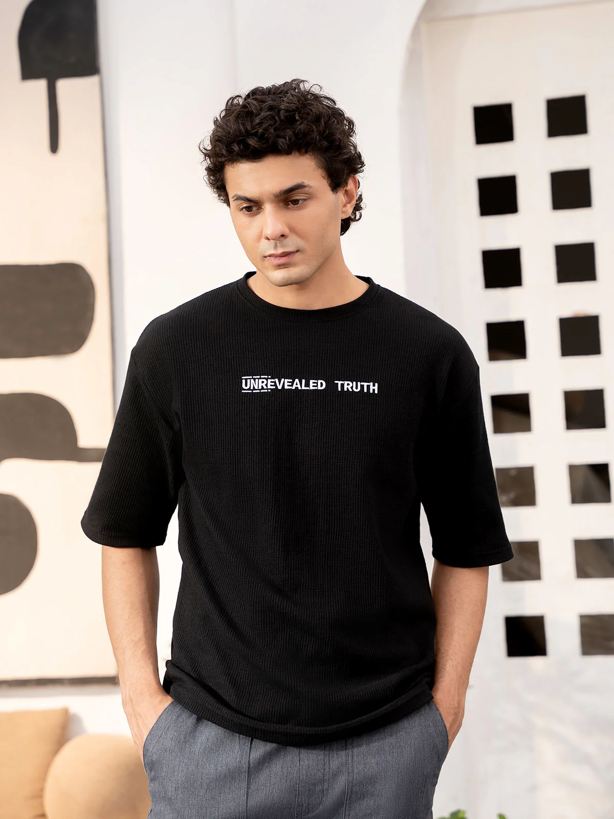 "RAVEN" Drop Shoulder Jacquard Basic T-Shirt - Image 3