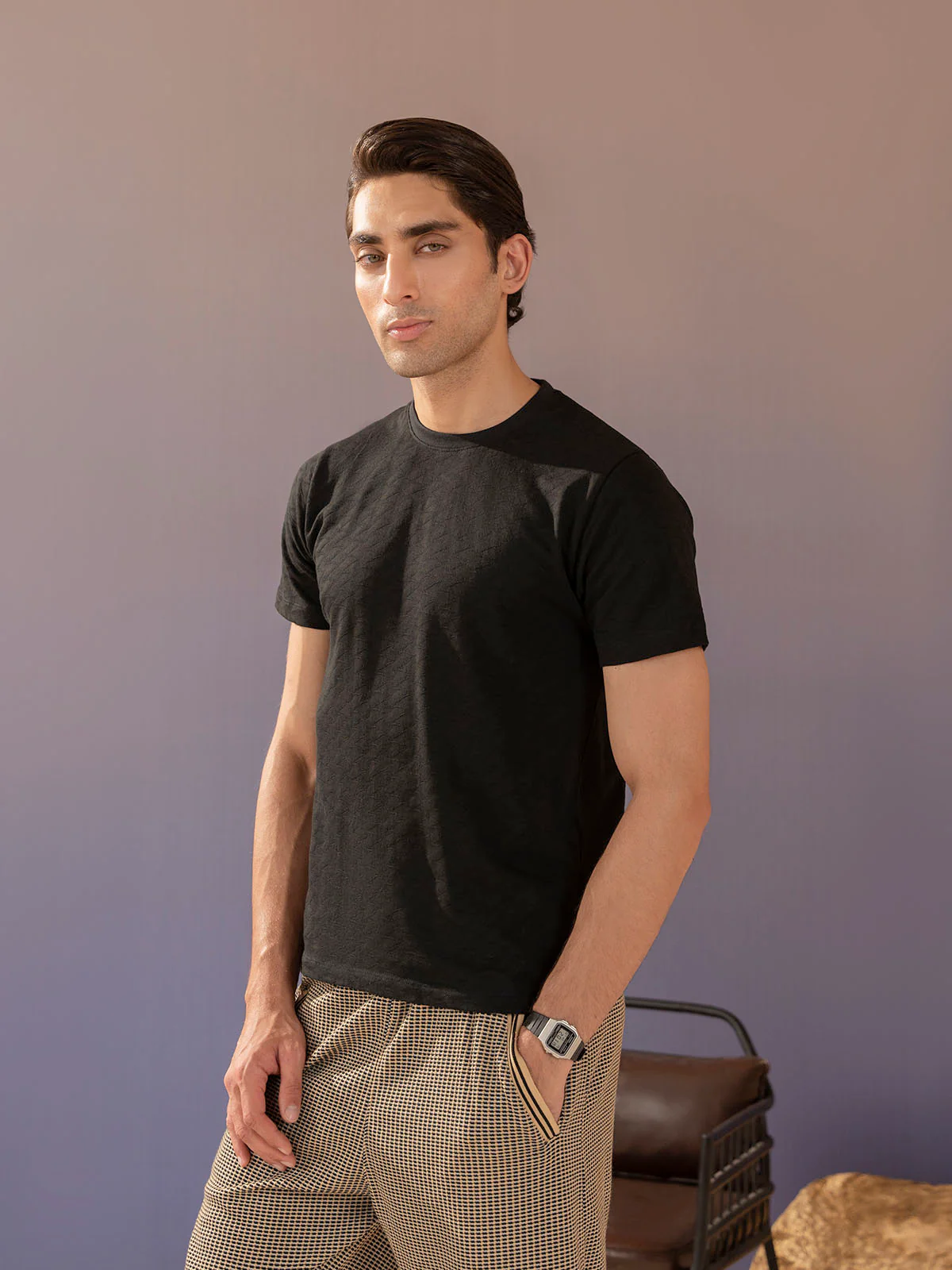 "REID" Textured Regular Fit Basic T-Shirt - Image 3