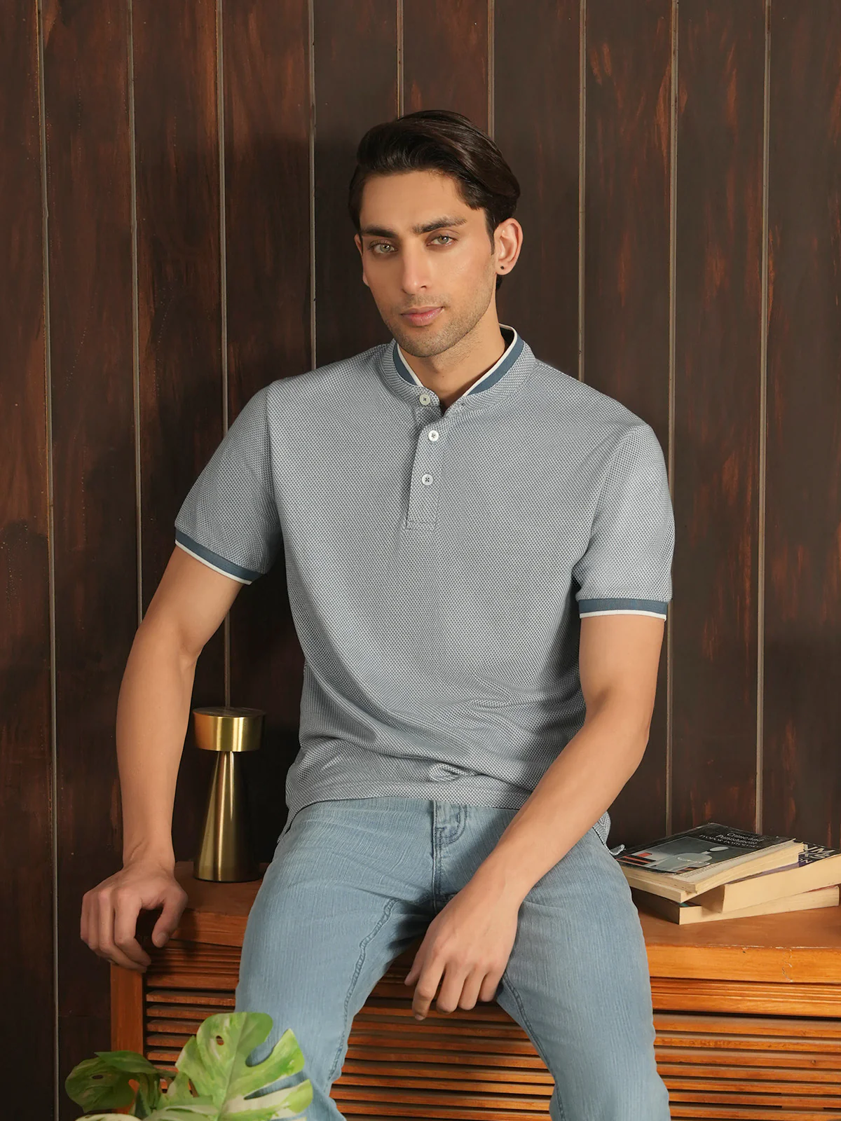 "SHILAH" Ban Collar Jacquard Polo Shirt