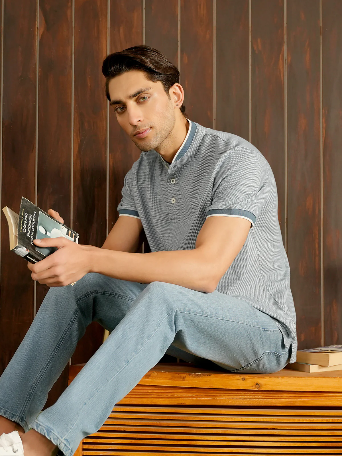 "SHILAH" Ban Collar Jacquard Polo Shirt - Image 6