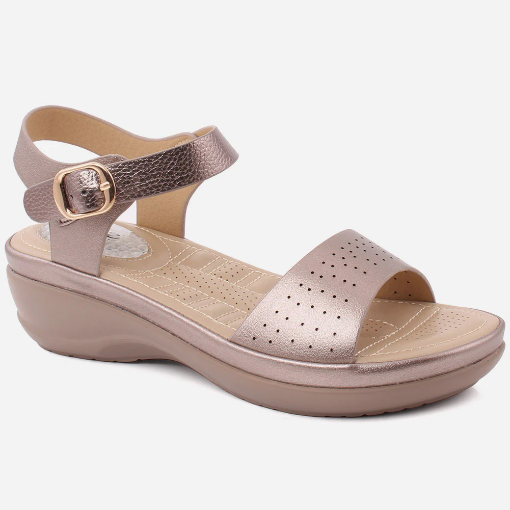 Women "ALEAH" Open Toe Slip On Ankle Strap Perforated Comfort Wedge Sandals