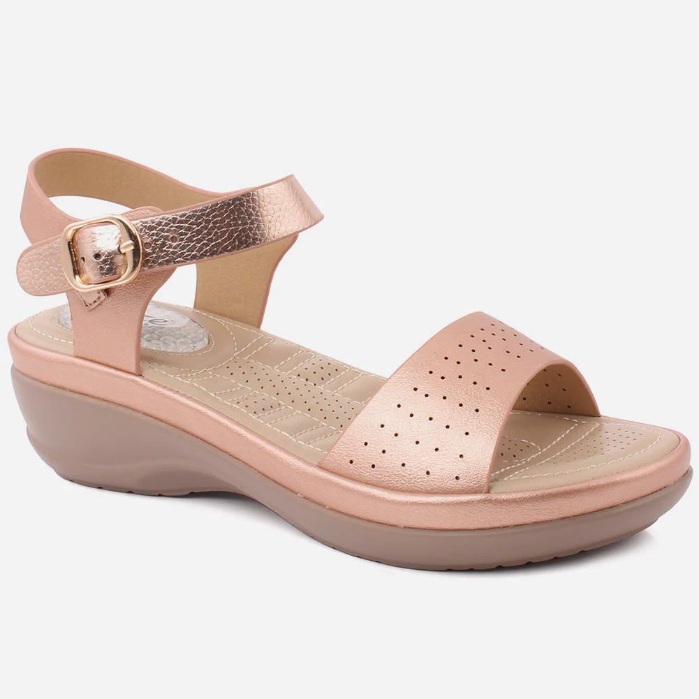 Women "ALEAH" Open Toe Slip On Ankle Strap Perforated Comfort Wedge Sandals