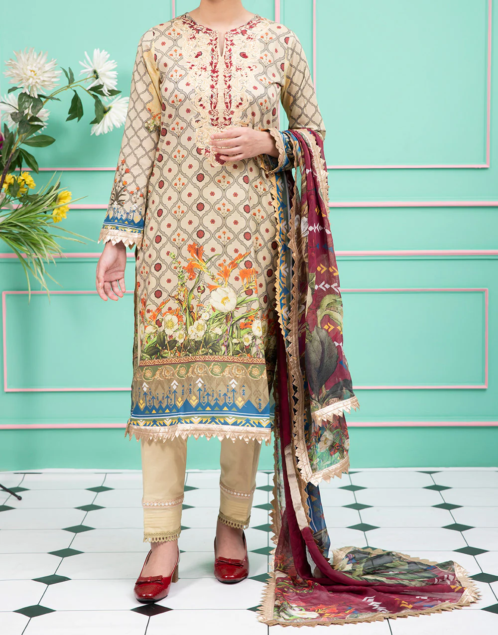 Women "Bloom" 3 Piece Unstitched Embroidery Lawn Suit with Chiffon Dupatta