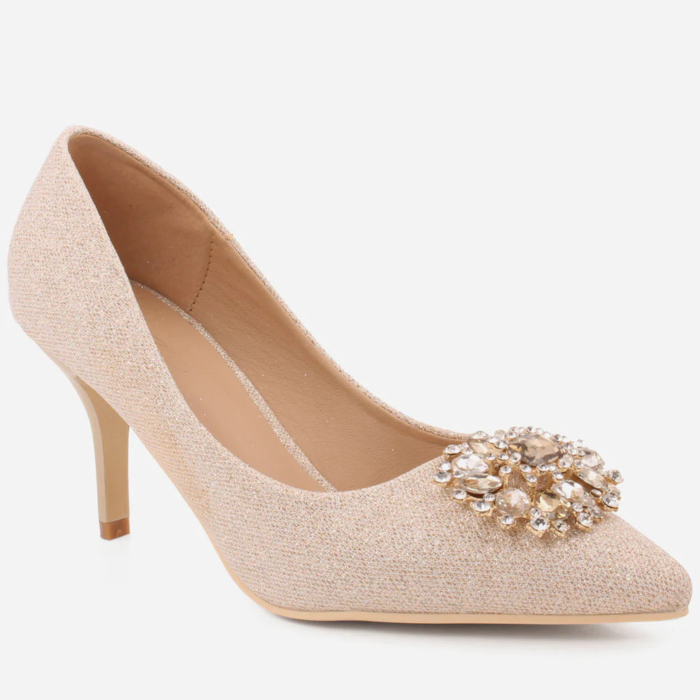 Women "BRIA" Embellished Brooch Slip On Stiletto Shimmer Court Shoes
