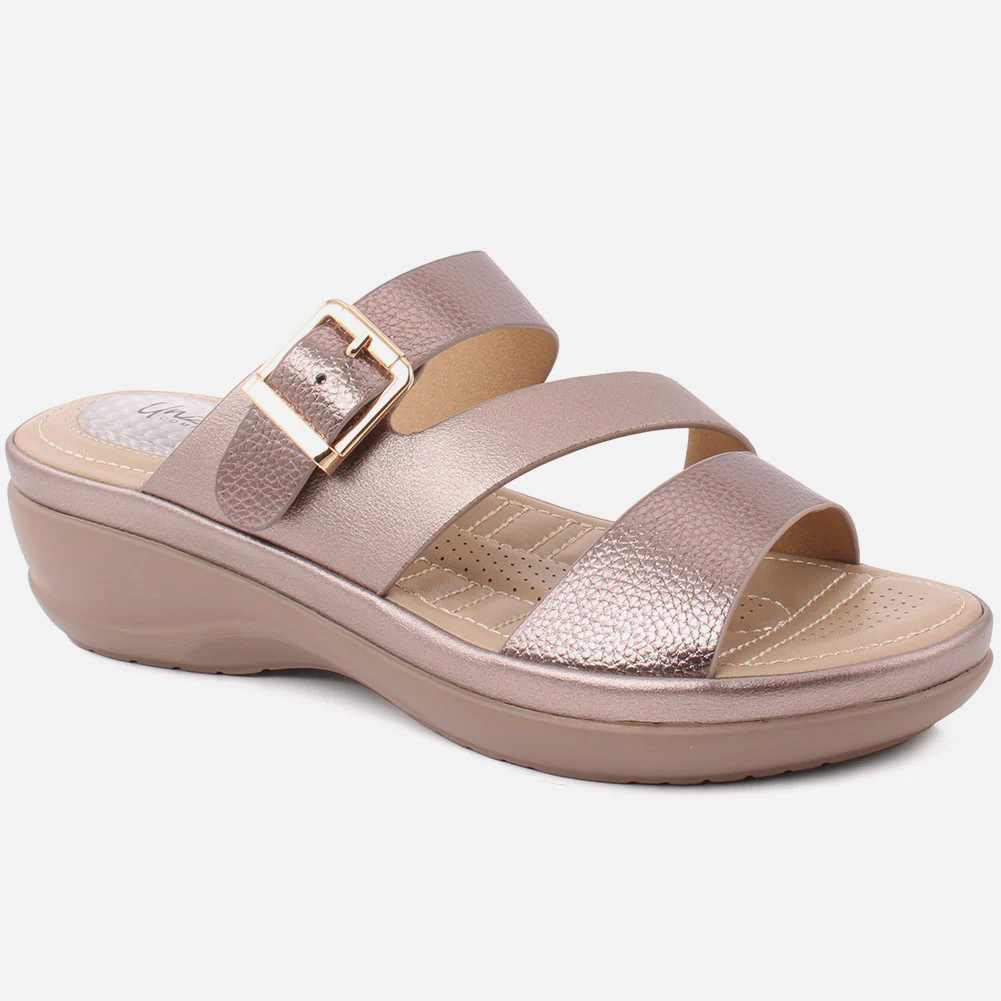 Women "BRIANNA" Open Toe Glossy Tri Strap Metallic Buckled Comfort Slippers