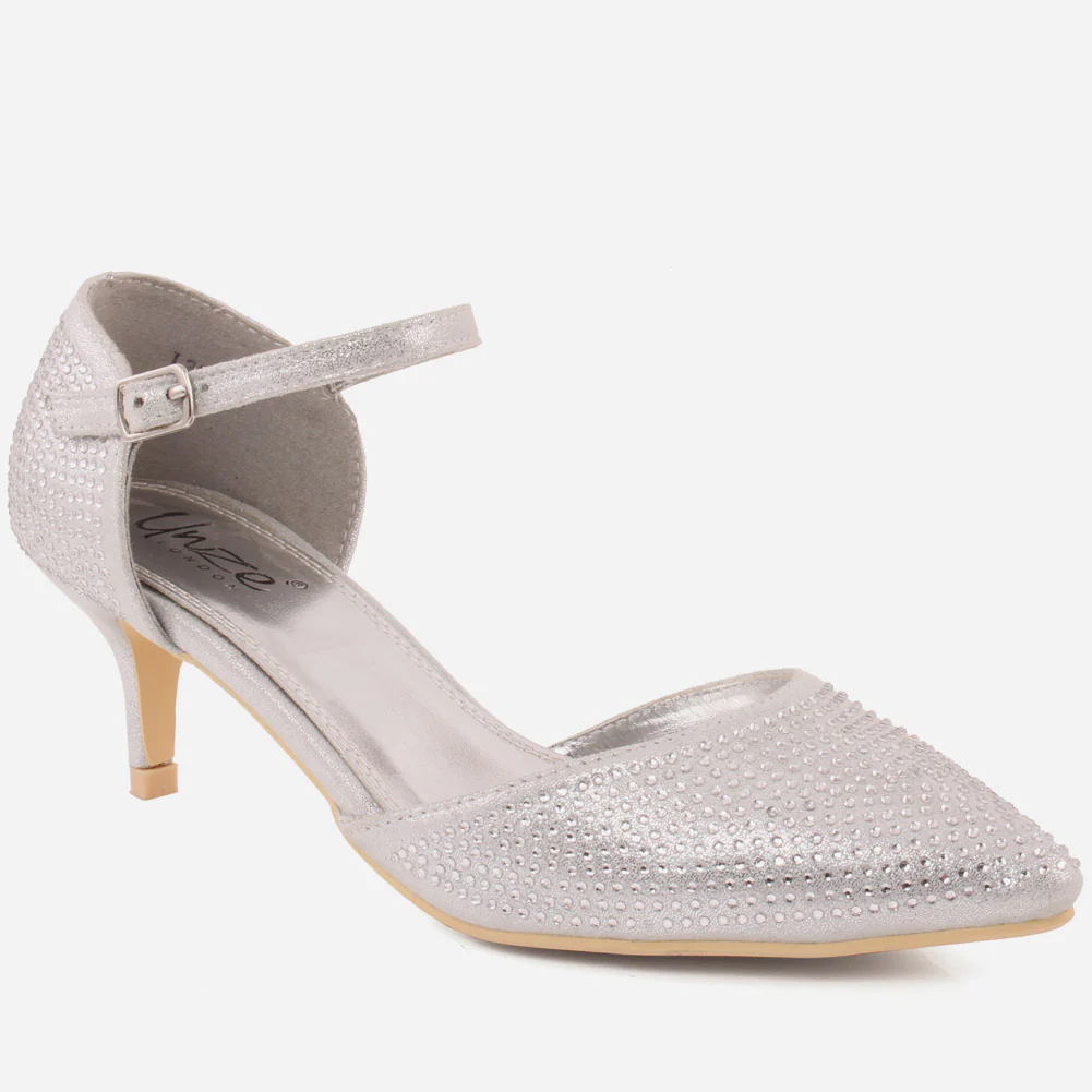 Women “CHARLOTTE” Rhinestone Embellished Shimmer Closed Heel Cup Sandals