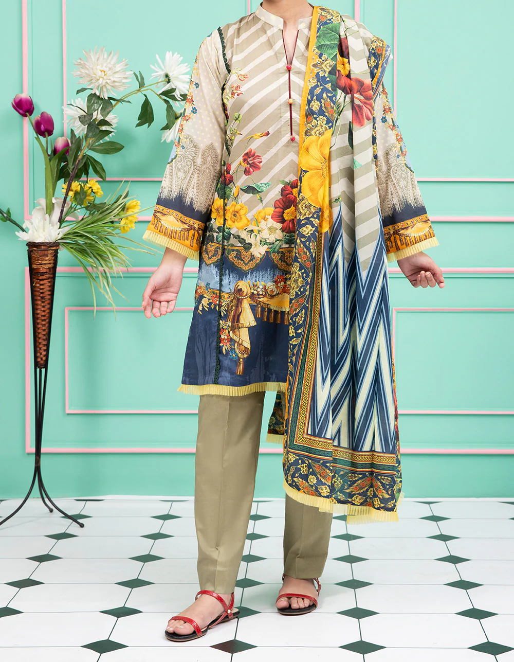 Women "Cherie" 3 Piece Digital Printed Lawn Suit with Voile Fabric Dupatta