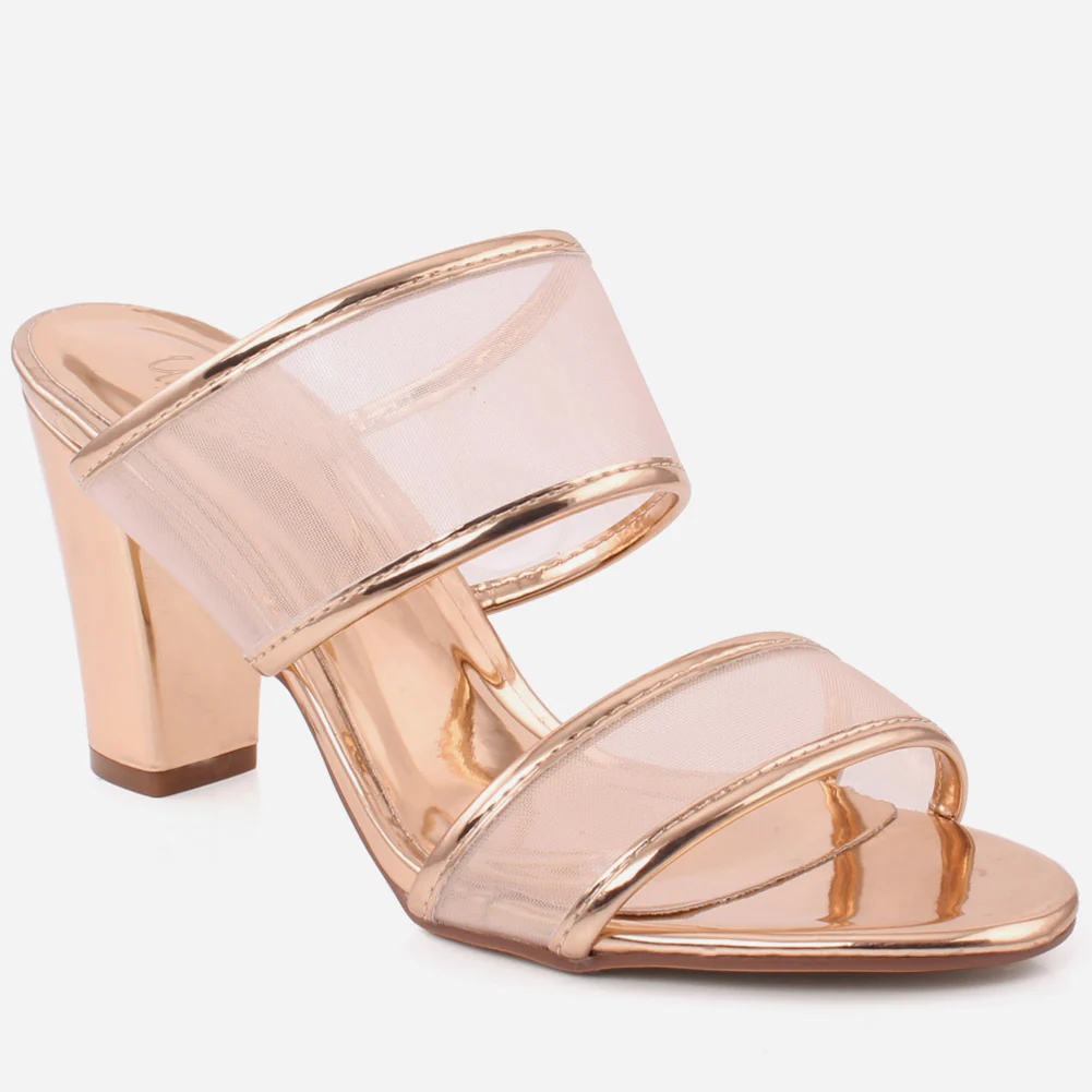 Women "DELPHINE" Shiny Dual Net Strap Slide Block Heel Sandals