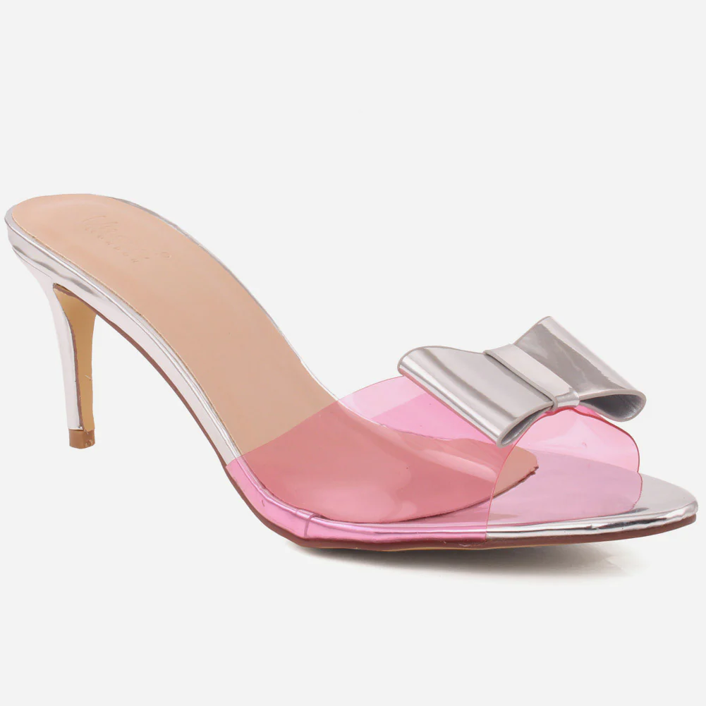 Women "EILEEN" Open Toe Decorated Bow Transparent Patent Stiletto Heel Sandals