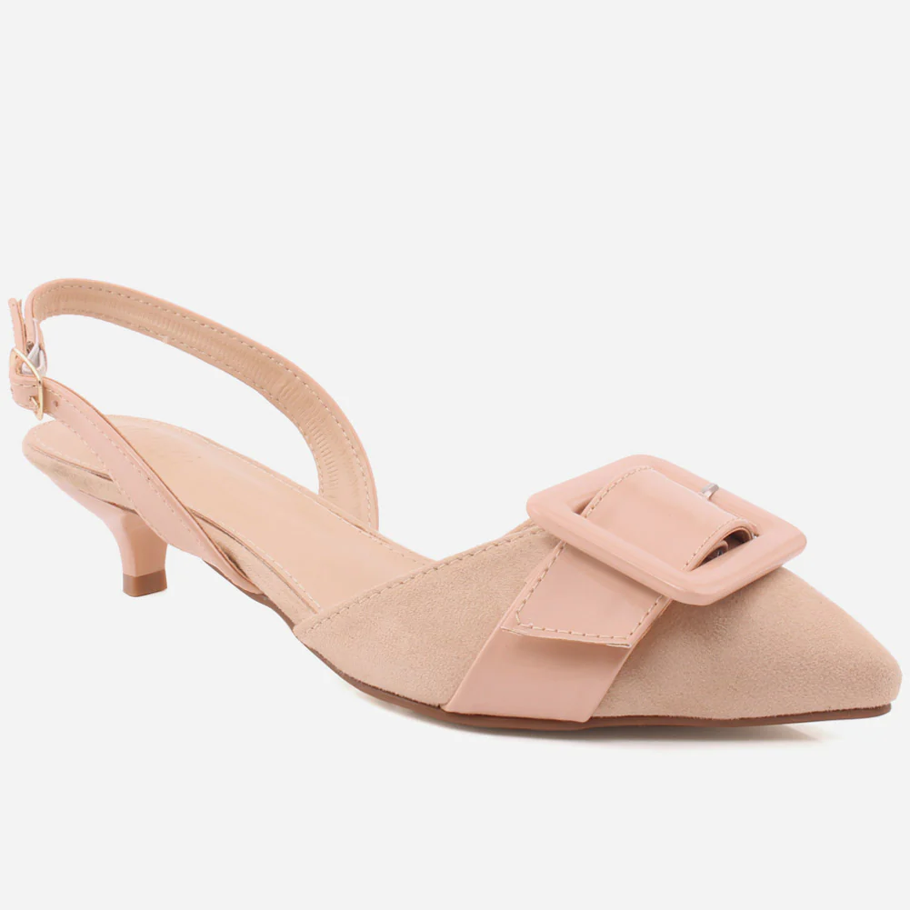 Women "ELEONORA" Patent Belted Square Buckle Suede Vamp Sling Kitten Heel Sandals