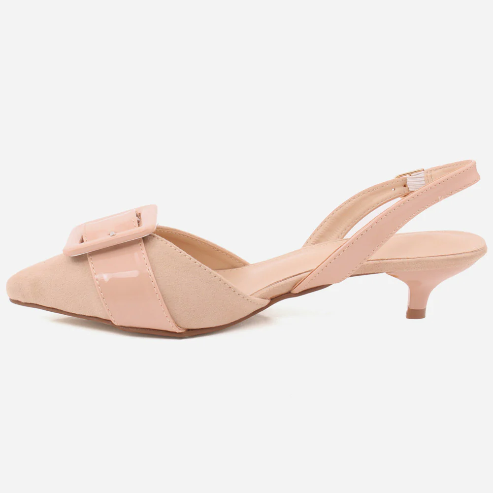 Women "ELEONORA" Patent Belted Square Buckle Suede Vamp Sling Kitten Heel Sandals - Image 3
