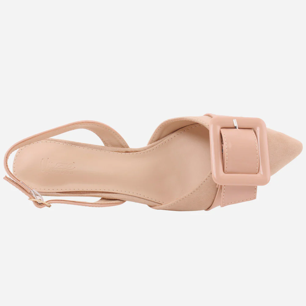 Women "ELEONORA" Patent Belted Square Buckle Suede Vamp Sling Kitten Heel Sandals - Image 4