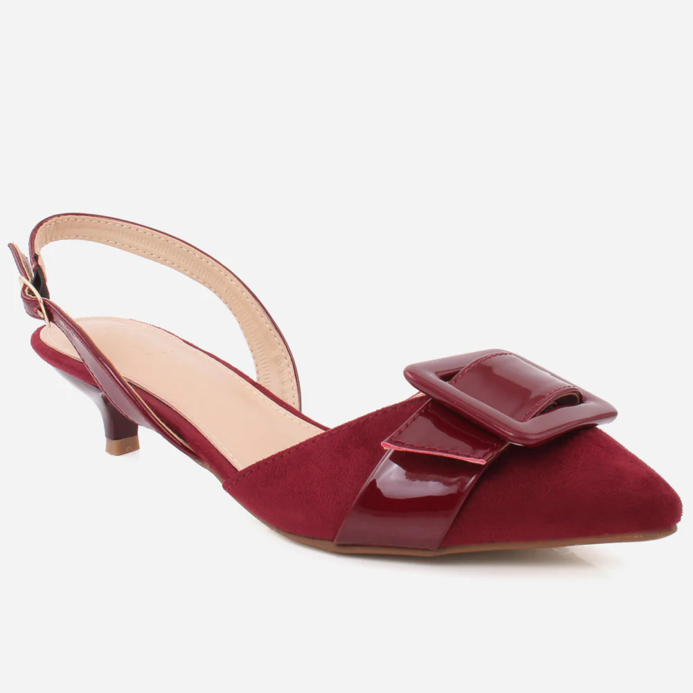 Women "ELEONORA" Patent Belted Square Buckle Suede Vamp Sling Kitten Heel Sandals