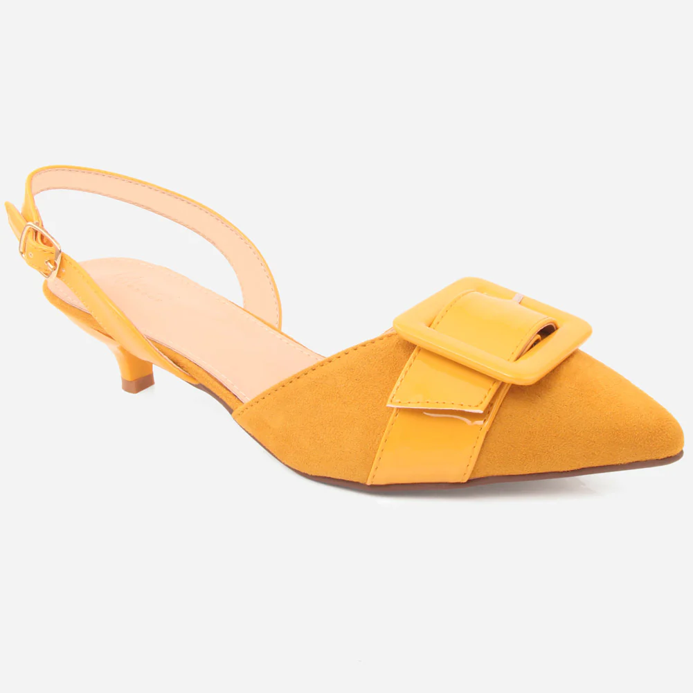 Women "ELEONORA" Patent Belted Square Buckle Suede Vamp Sling Kitten Heel Sandals
