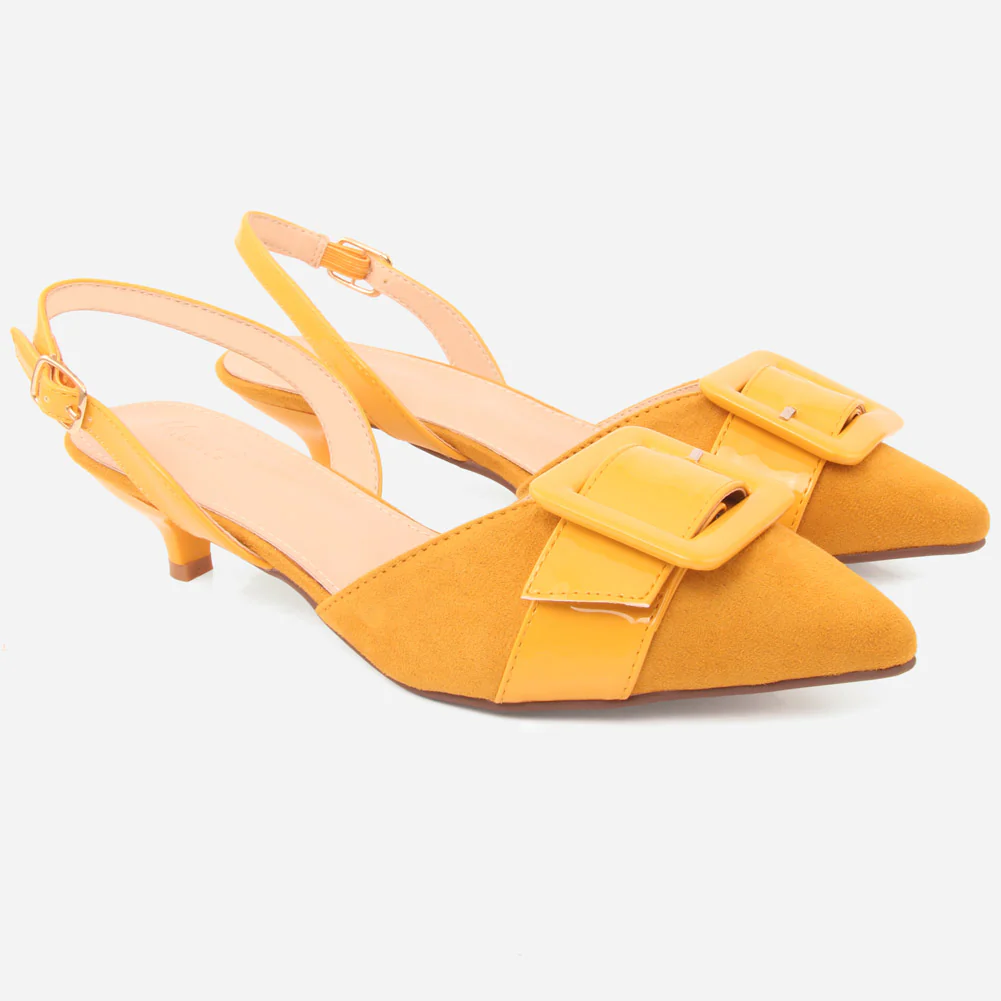 Women "ELEONORA" Patent Belted Square Buckle Suede Vamp Sling Kitten Heel Sandals - Image 2