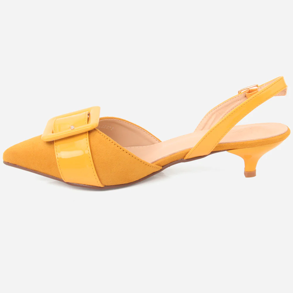Women "ELEONORA" Patent Belted Square Buckle Suede Vamp Sling Kitten Heel Sandals - Image 3