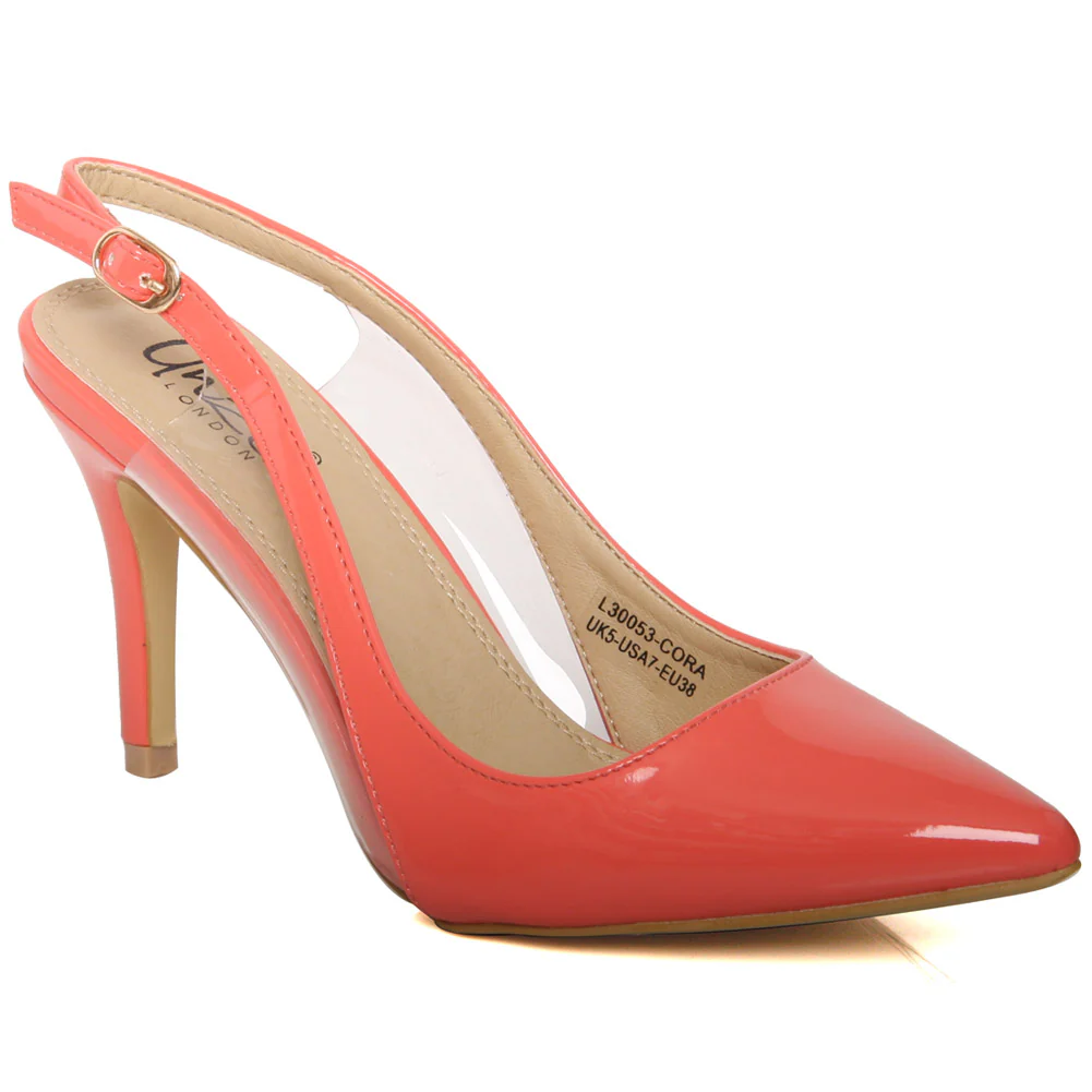 Women “ELIF” Patent Pointed Toe Sling Back Ankle Strap Stiletto Shoes