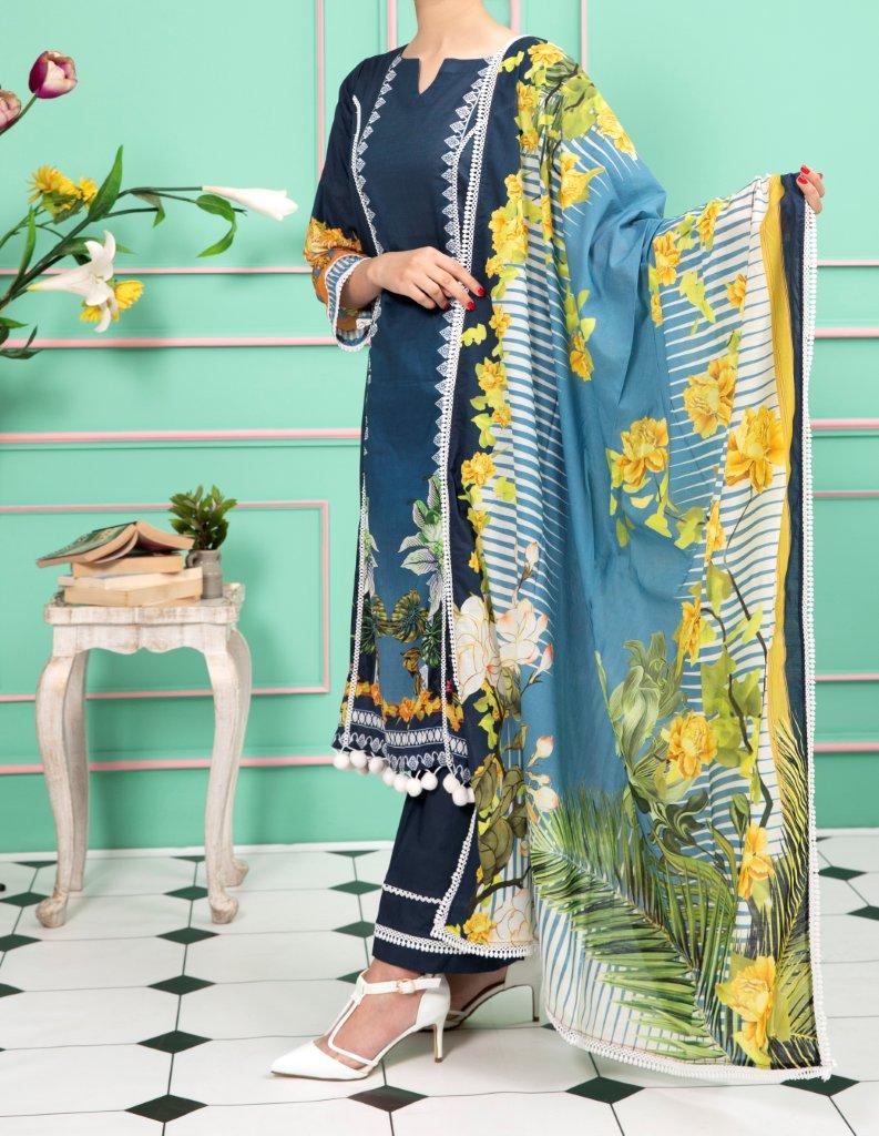 Women “Falk ”3 Piece Digital Printed Lawn Suit with Voile Fabric Dupatta