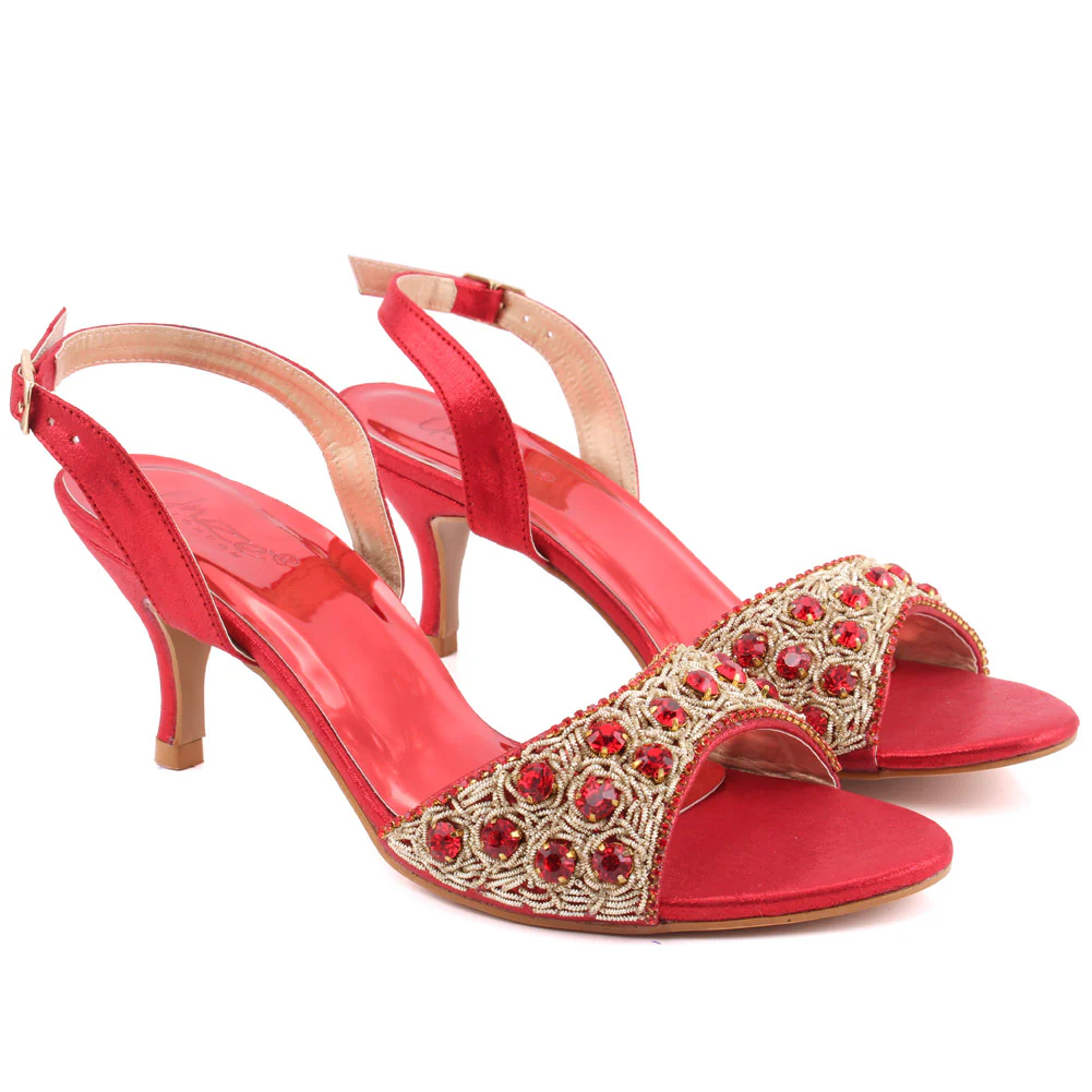 Women “FIA” Studs Decorated Shimmer Kitten Heel Buckle Closure Sandals - Image 2