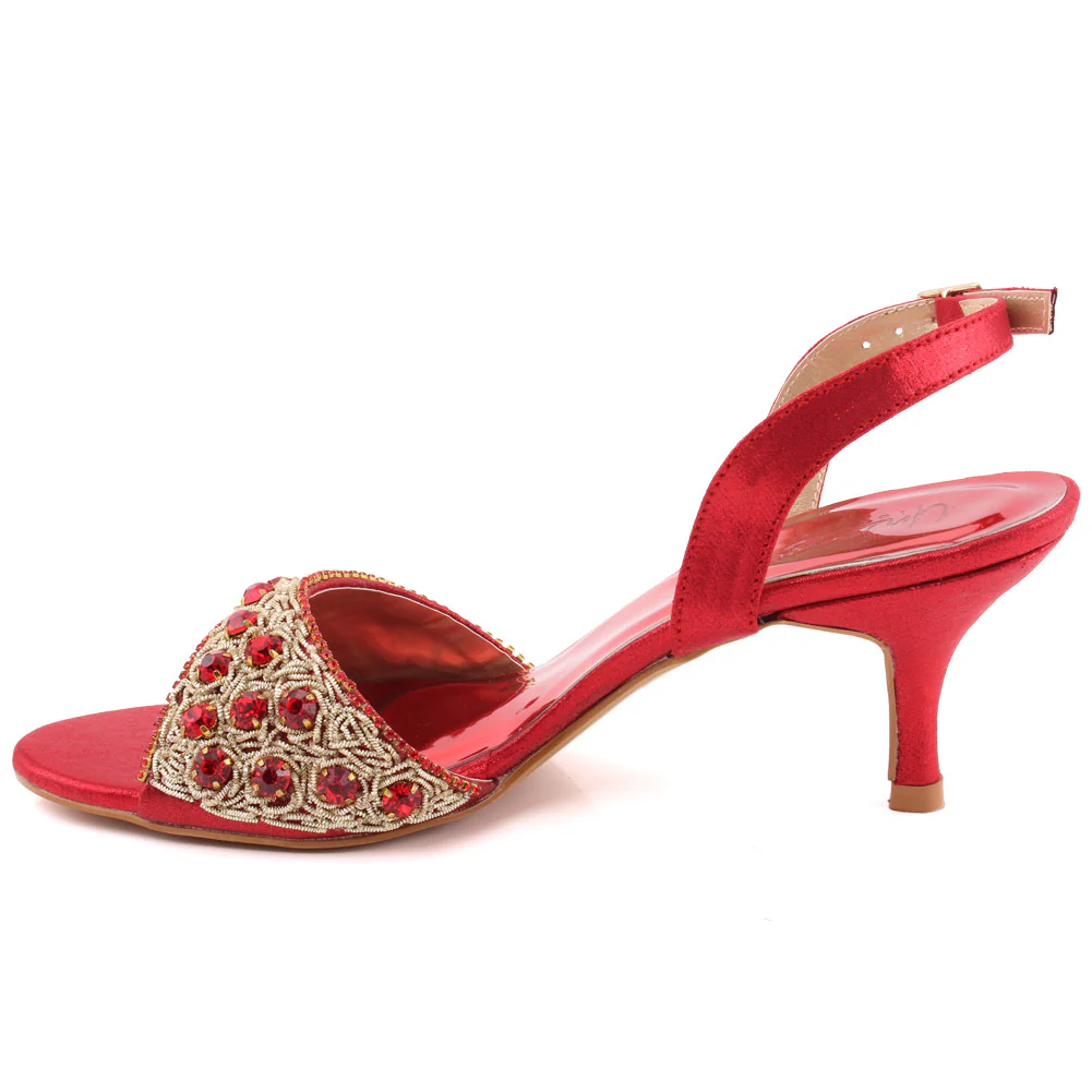 Women “FIA” Studs Decorated Shimmer Kitten Heel Buckle Closure Sandals - Image 3