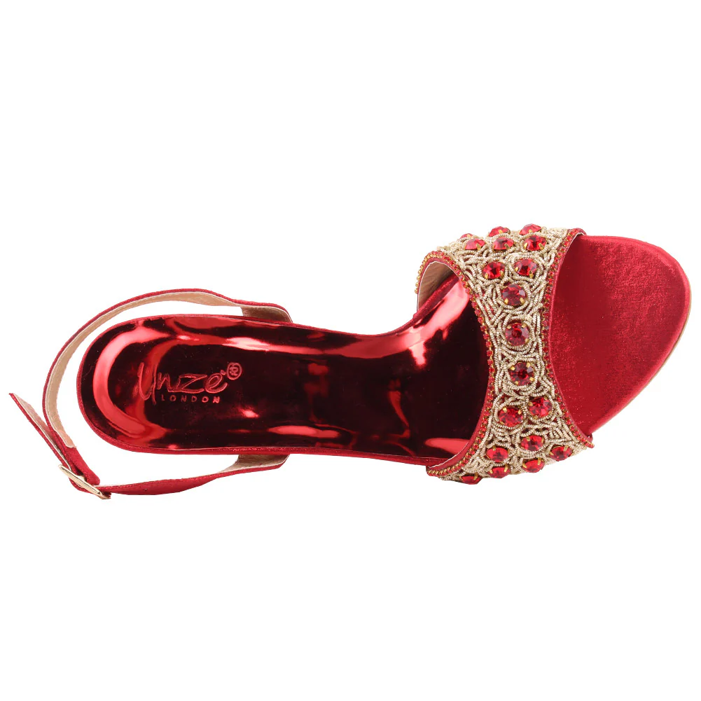 Women “FIA” Studs Decorated Shimmer Kitten Heel Buckle Closure Sandals - Image 4