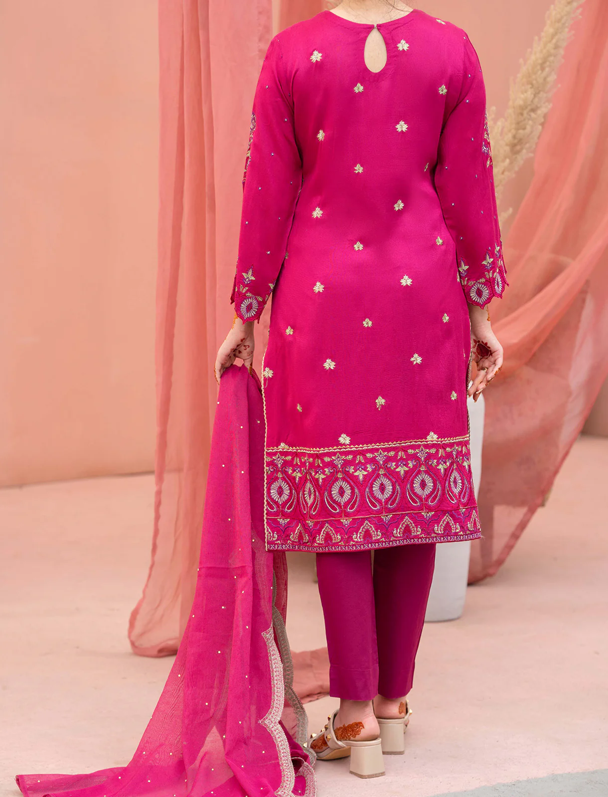 Women "FILIZ" Embroidered Cotton Net Three Piece Suit - Image 5