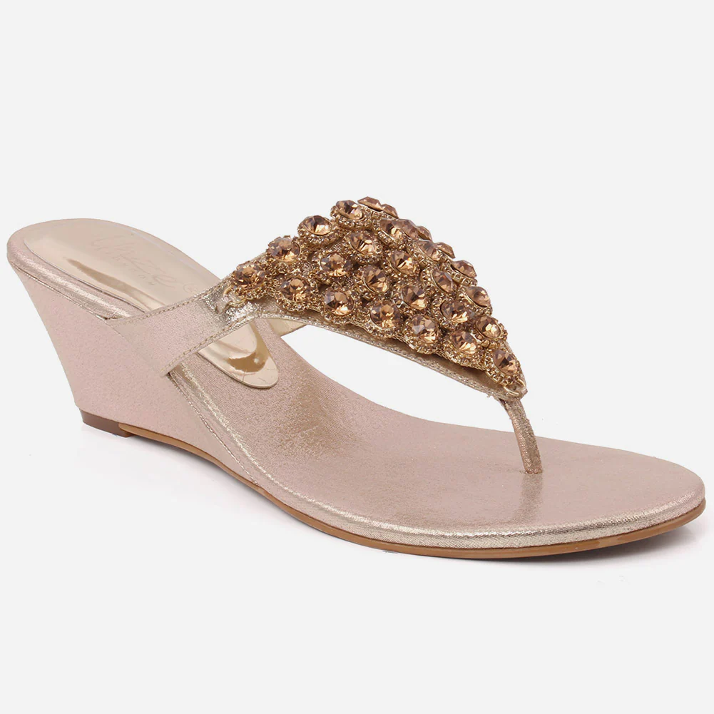 Women “FRANCINE” Thong Slip On Embellished Wedge Evening Slippers