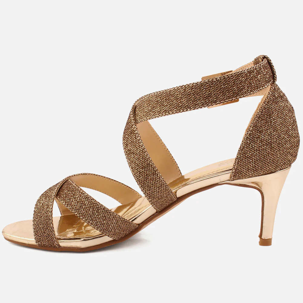 Women “GALILA” Cross Over Strap Peep Toe Shimmer Kitten Heel Sandals - Image 3