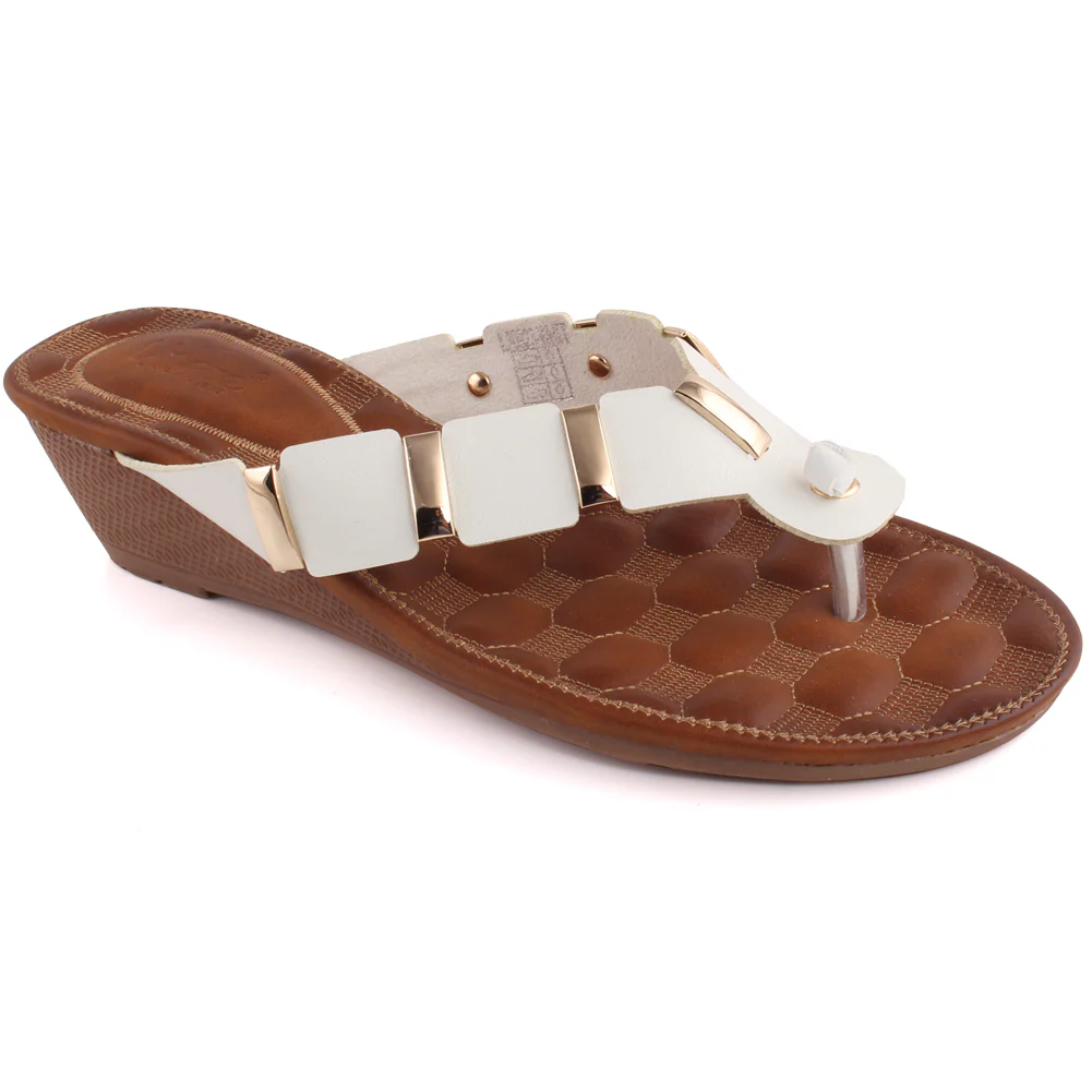 Women “ GAYNOR” Open Toe Stud Adorned Thong Wedge Comfort Slippers