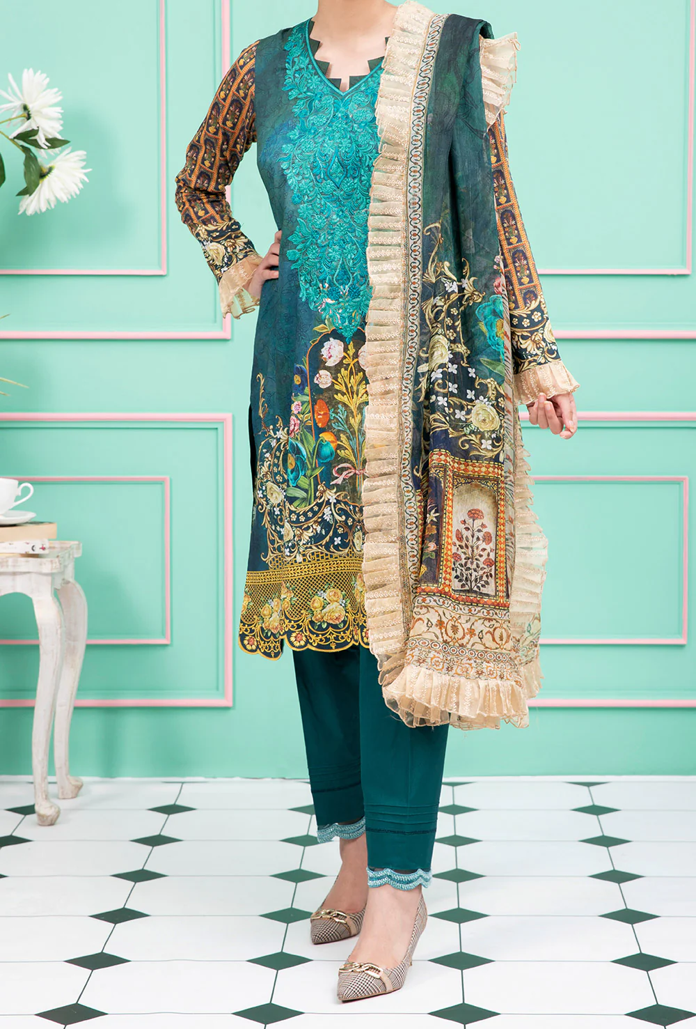 Women "GLYNIS" 3 Piece Unstitched Embroidery Lawn Suit with Chiffon Dupatta