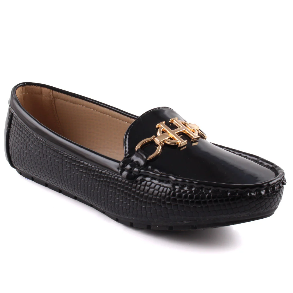 Women “ILESHA” Snake Texture Patent Vamp Metallic Buckle Moccasin Shoes