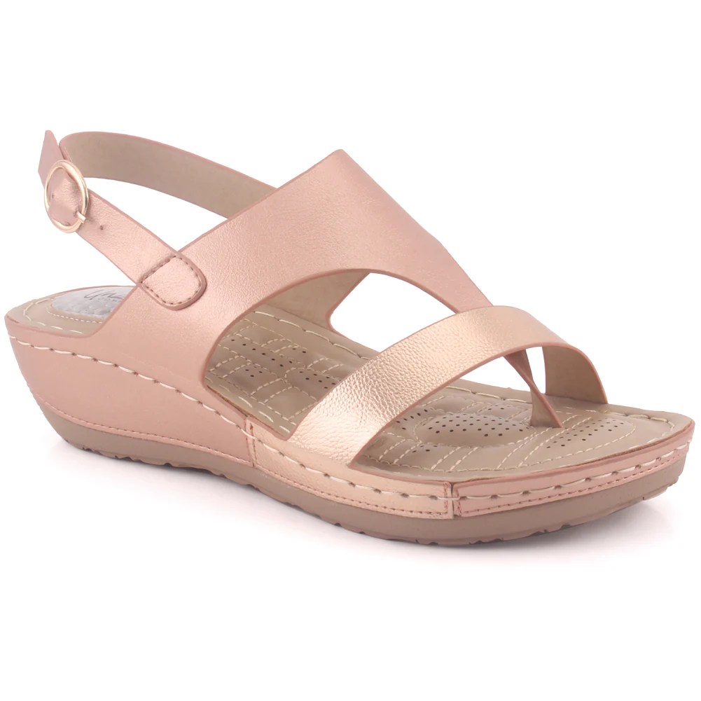 Women "ITZEL" Toe Loop Open Toe Metallic Buckle Glossy Comfort Wedge Sandals
