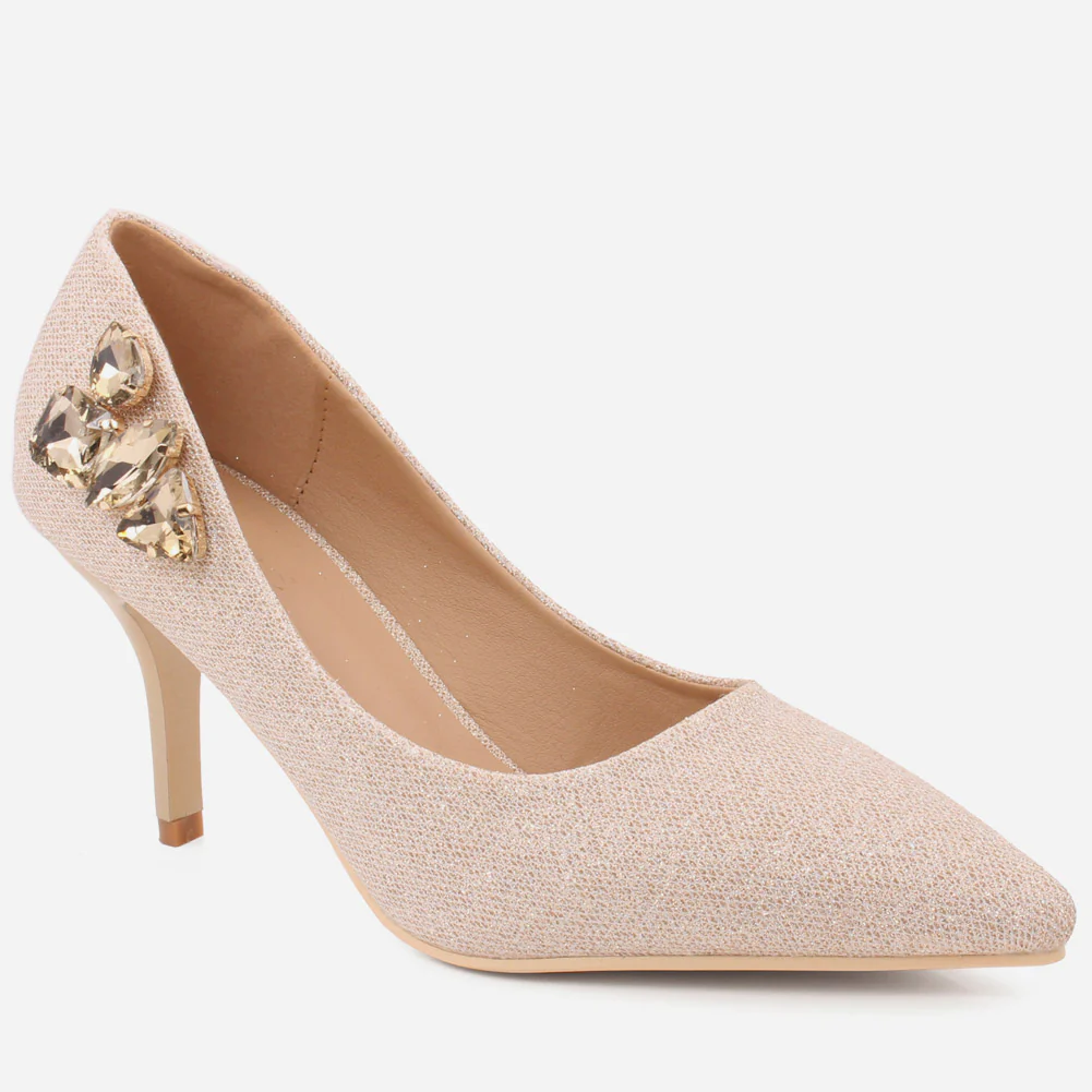 Women "LIV" Side Studded Stone Shimmer Slip On Stiletto Court Shoes