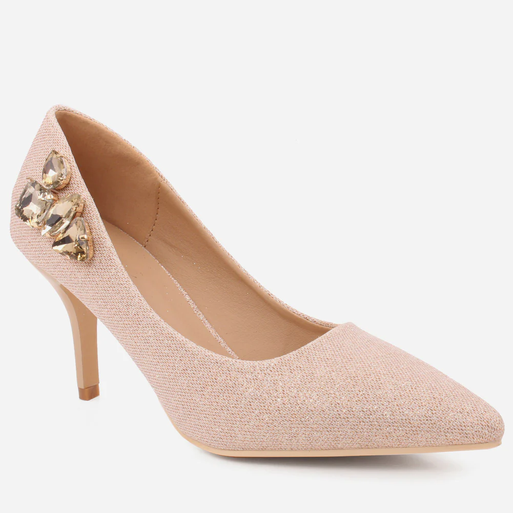 Women "LIV" Side Studded Stone Shimmer Slip On Stiletto Court Shoes