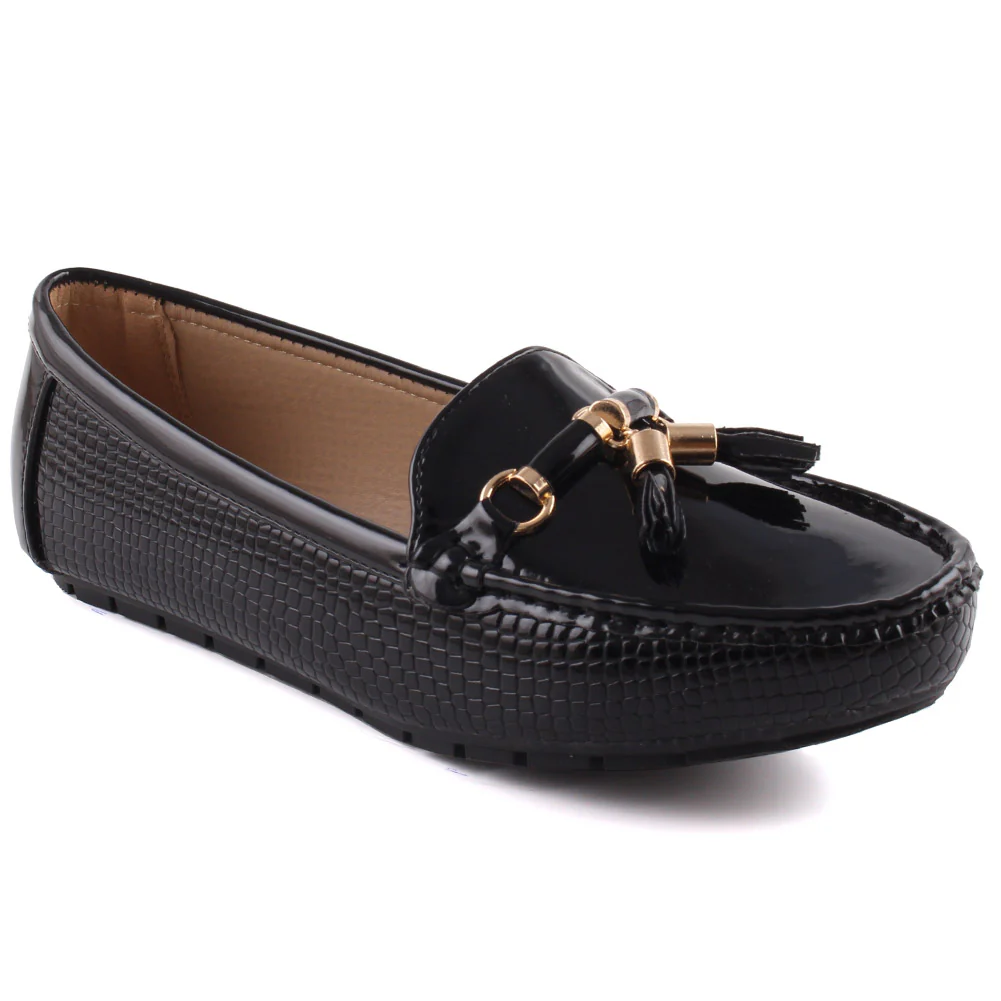 Women “LIVIANA” Tassel Detailed Patent Vamp Snake Textured Dress Moccasin Shoes