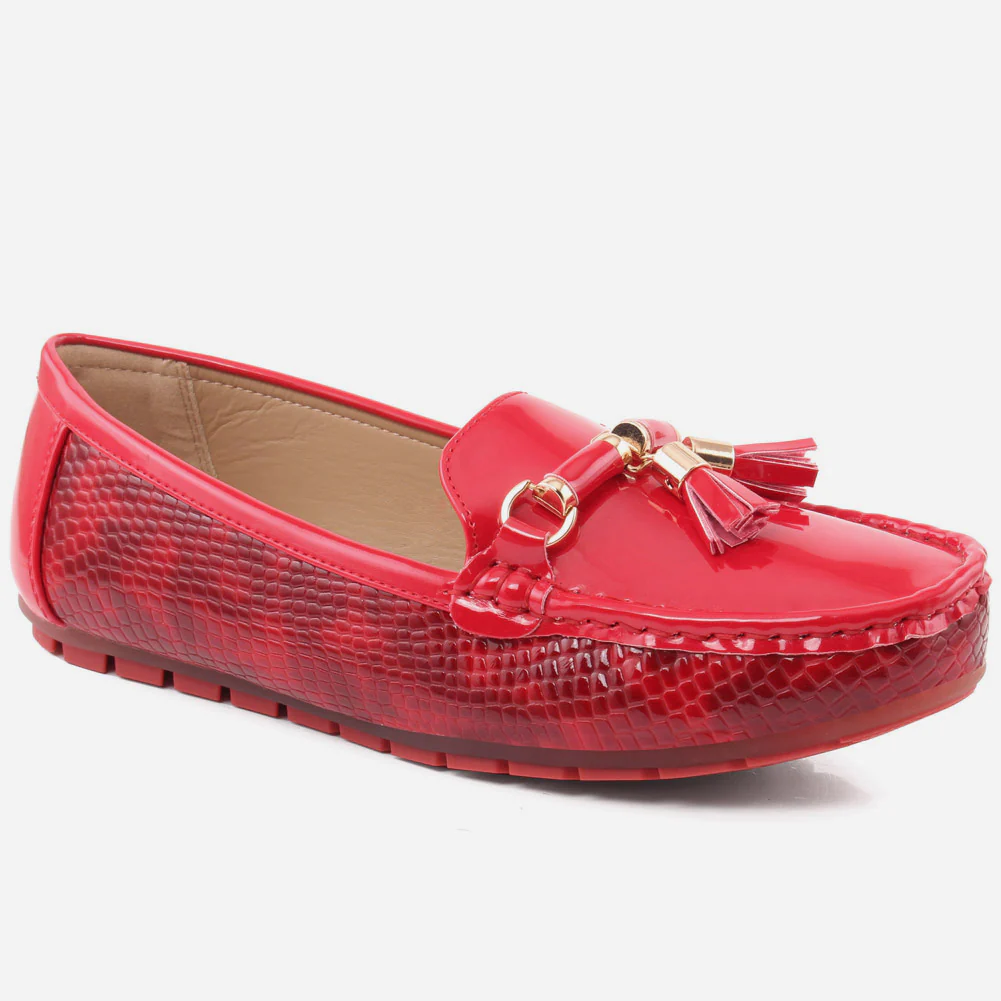 Women “LIVIANA” Tassel Detailed Patent Vamp Snake Textured Dress Moccasin Shoes