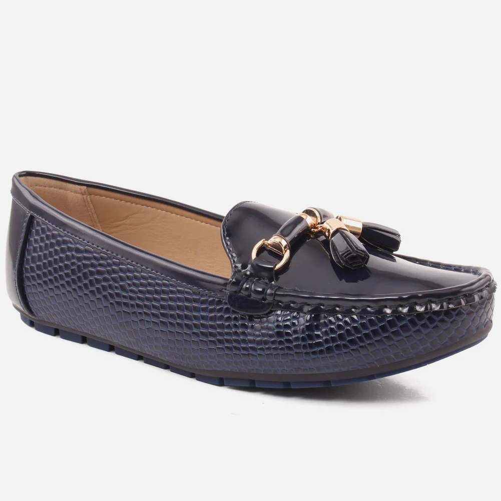 Women “LIVIANA” Tassel Detailed Patent Vamp Snake Textured Dress Moccasin Shoes
