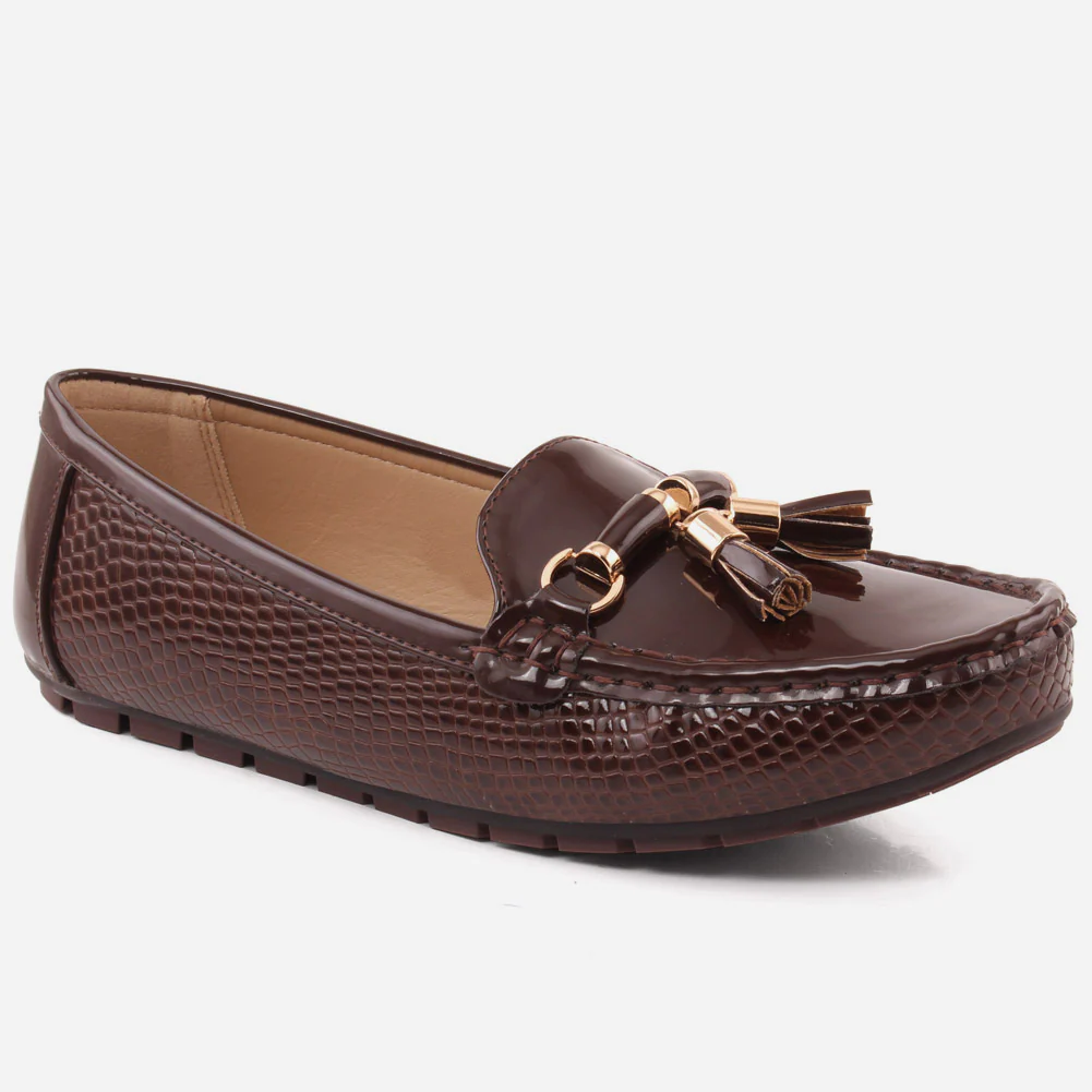 Women “LIVIANA” Tassel Detailed Patent Vamp Snake Textured Dress Moccasin Shoes