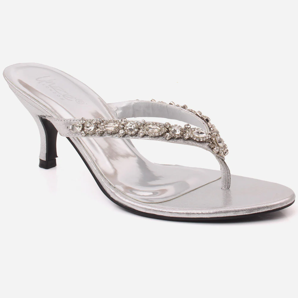 Women “LYDIA” Decorated Sparkle Crystal Stones Thong Slip On Kitten Heel Sandals