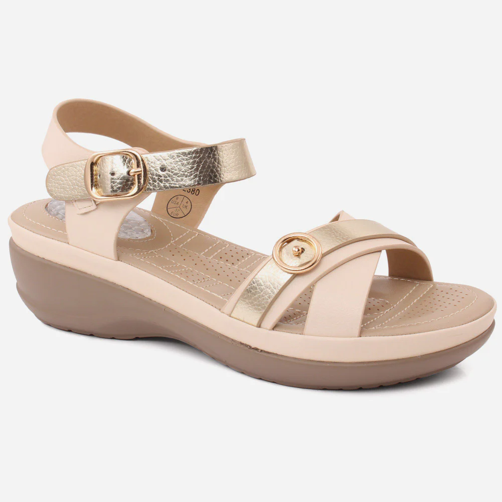 Women "LZZY" Low Wedge Heel Comfort Sandal with Cross Over Strap