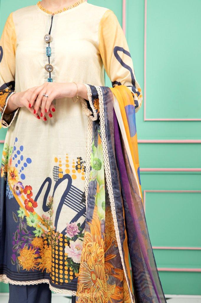 Women "Moya" 3 Piece Digital Printed Lawn Suit with Voile Fabric Dupatta