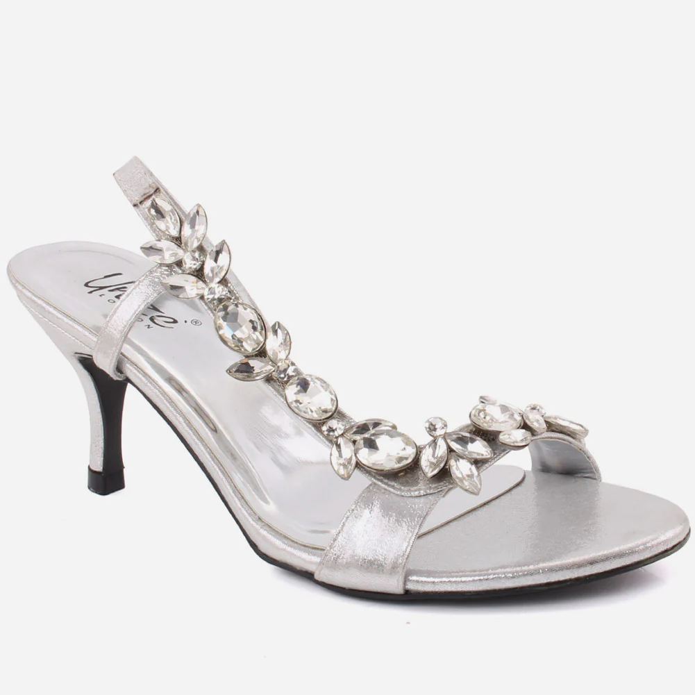 Women “NANCY” Embellished Toe &amp; Side Strap Sling Back Kitten Heel Sandals