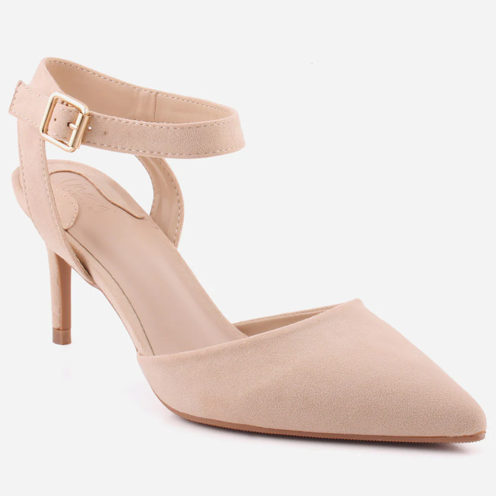 Women "NONA" Pointed Toe Ankle Strap Suede Slip On Heel Sandals
