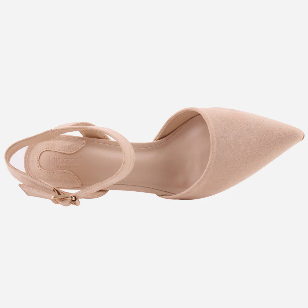 Women "NONA" Pointed Toe Ankle Strap Suede Slip On Heel Sandals - Image 4