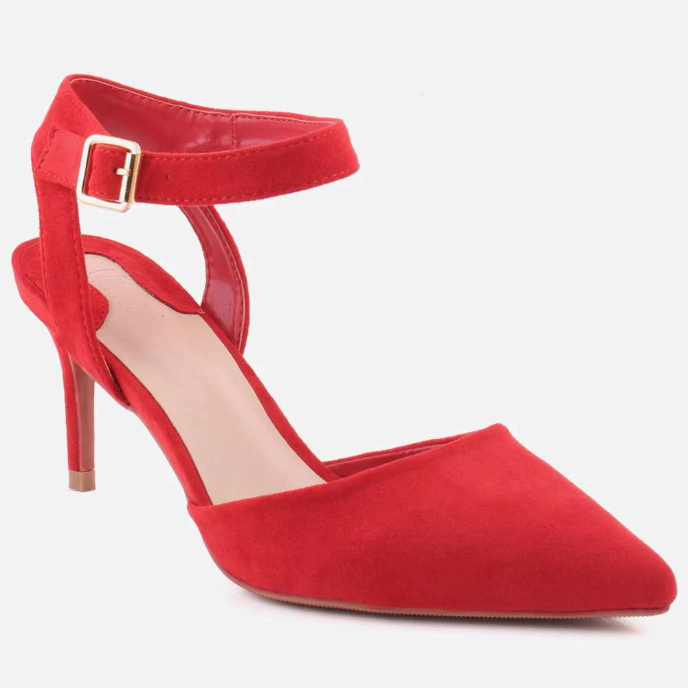 Women "NONA" Pointed Toe Ankle Strap Suede Slip On Heel Sandals