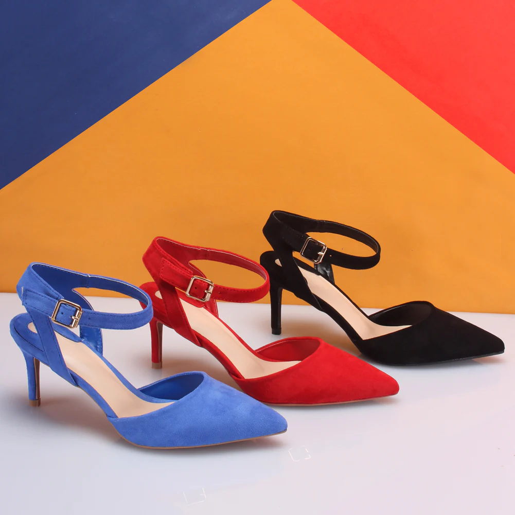 Women "NONA" Pointed Toe Ankle Strap Suede Slip On Heel Sandals - Image 6