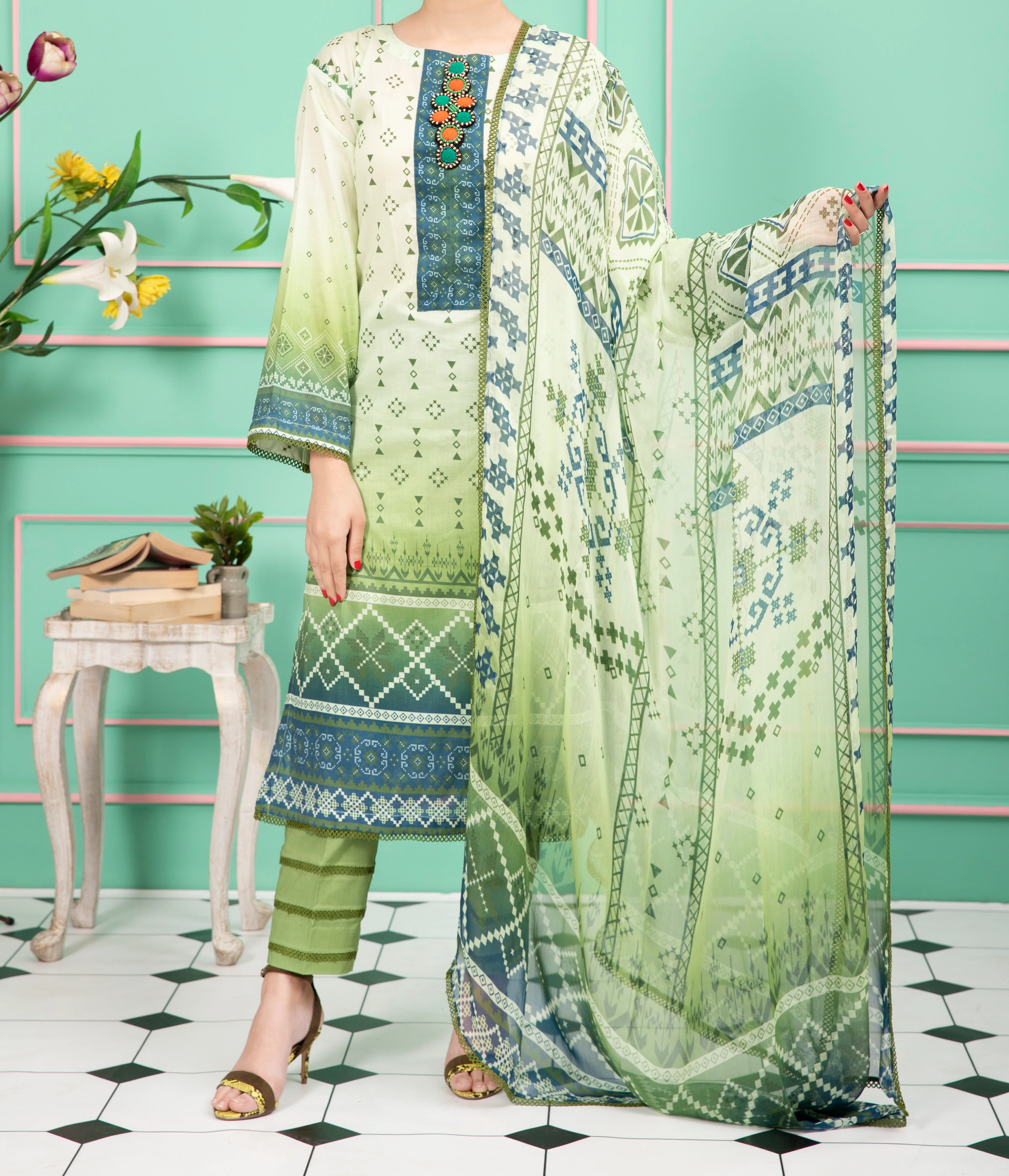 Women "Olivia" 3 Piece Digital Printed Lawn Suit with Voile Fabric Dupatta