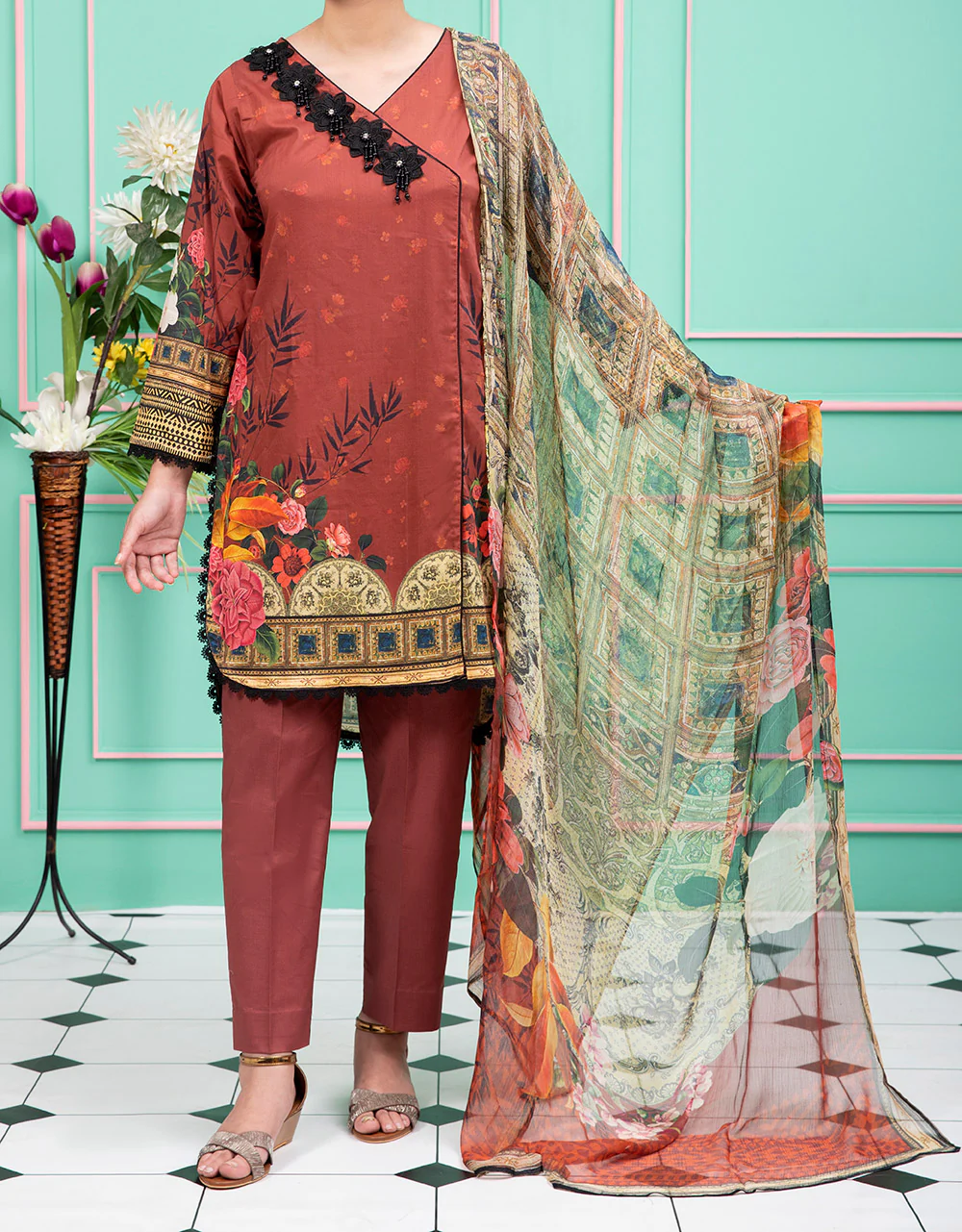Women "Olwen" 3 Piece Digital Printed Lawn Suit with Chiffon Dupatta